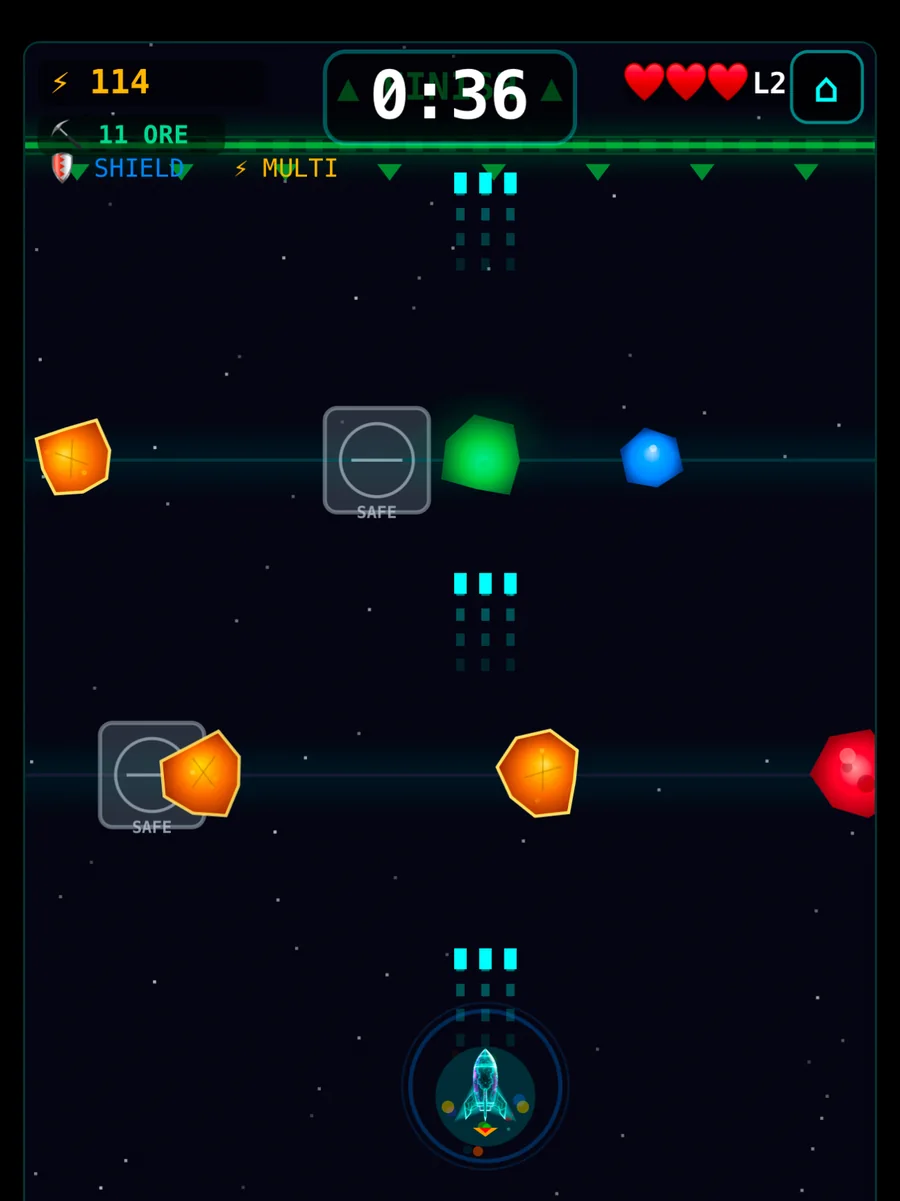 Asteroid Miner gameplay — ore run with shields